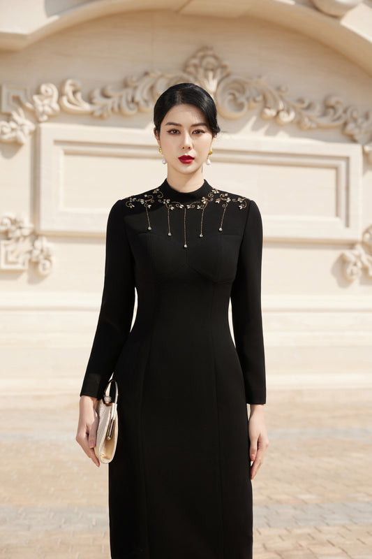 Classic Black Midi Dress with Gold Embroidery