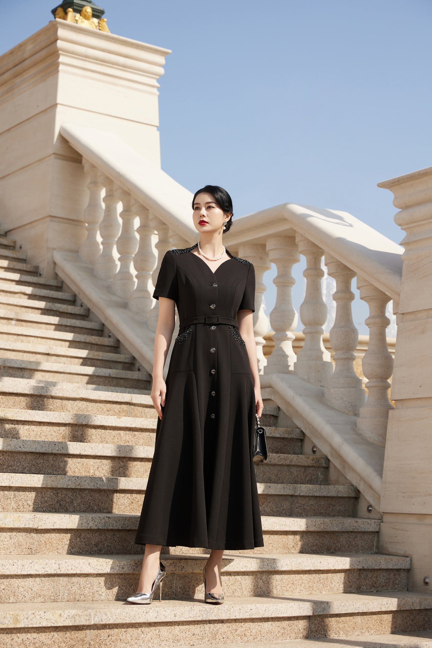 Black Button-Down A-Line Midi Dress with Beaded Detailing