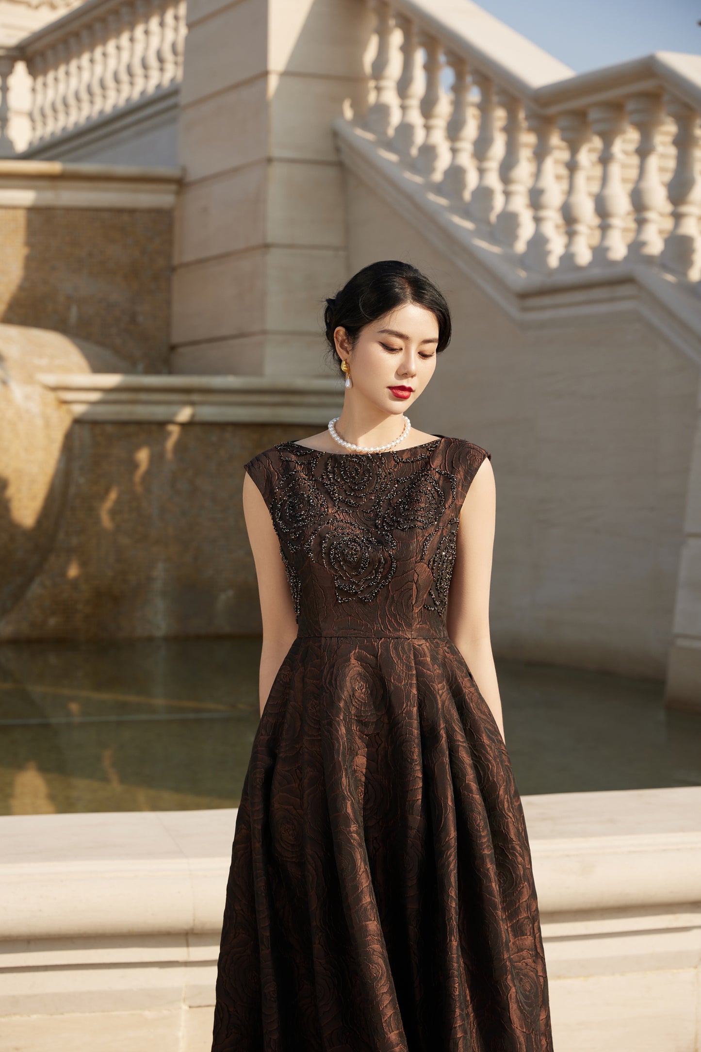 Vintage Sleeveless Brown Jacquard Evening Gown with Beaded Bodice