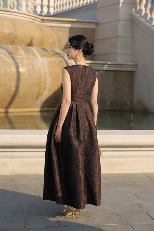 Vintage Sleeveless Brown Jacquard Evening Gown with Beaded Bodice