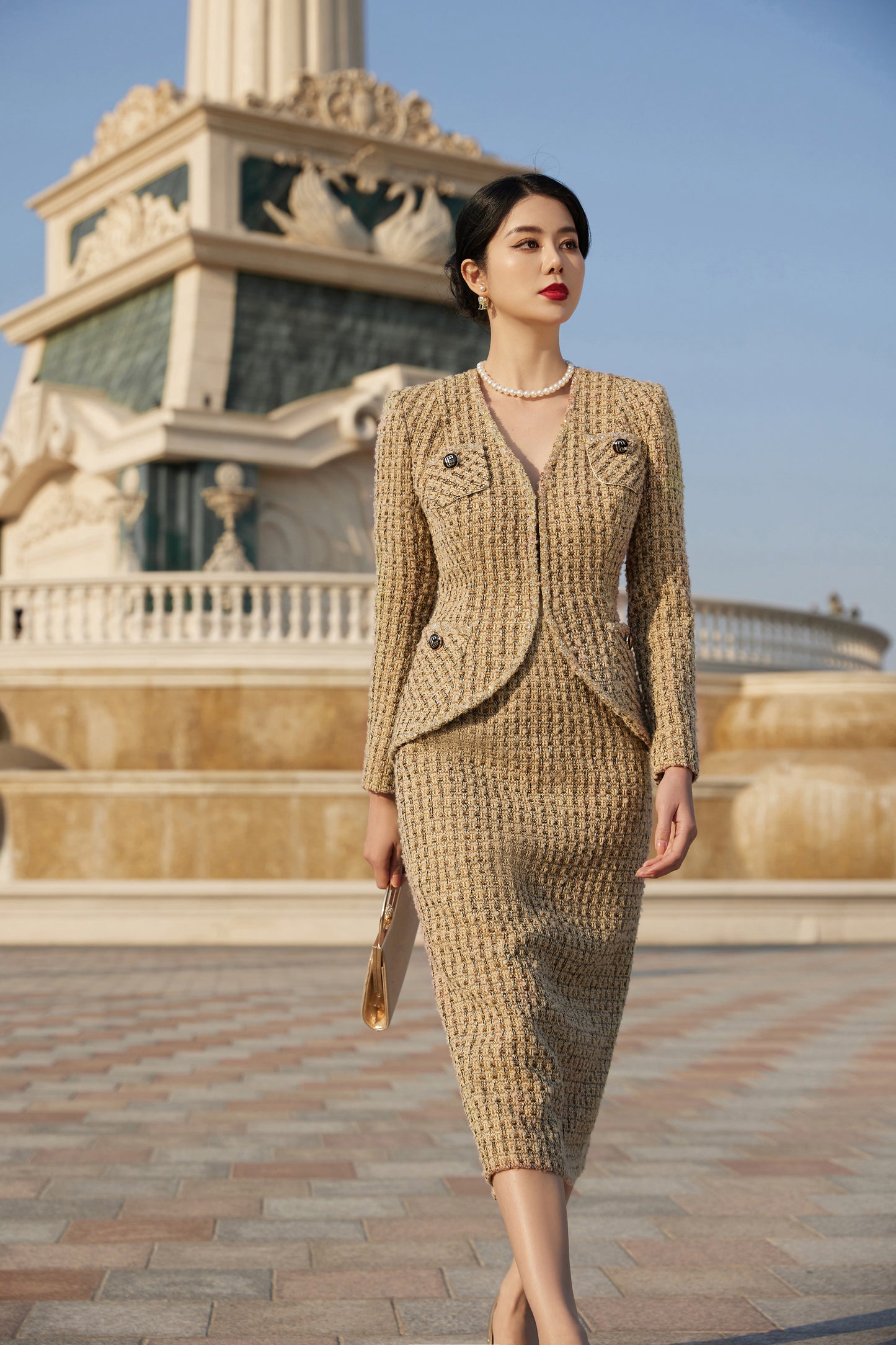 Tweed Skirt Suit Set - Gold Textured Blazer and Midi Skirt