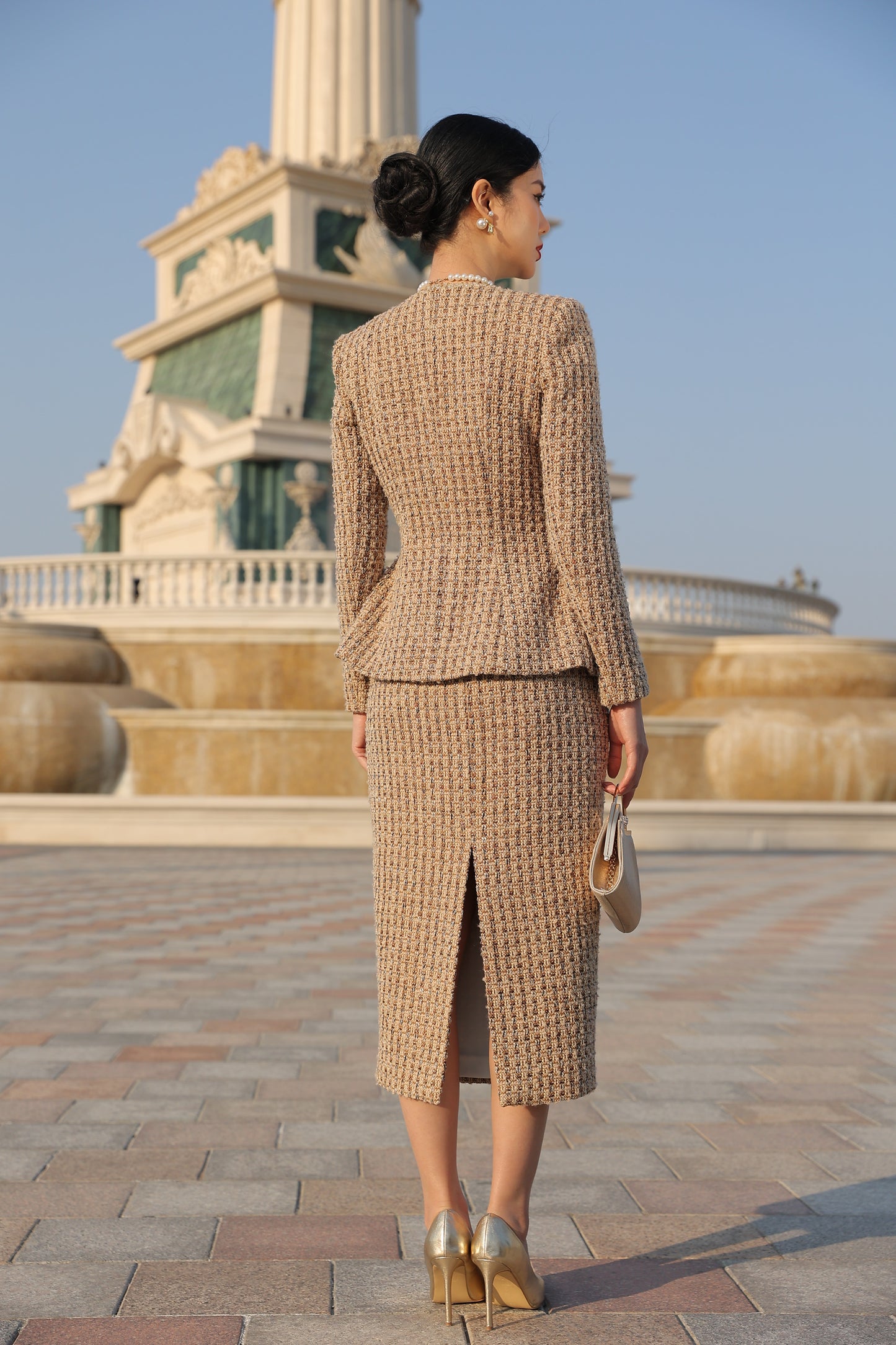 Tweed Skirt Suit Set - Gold Textured Blazer and Midi Skirt