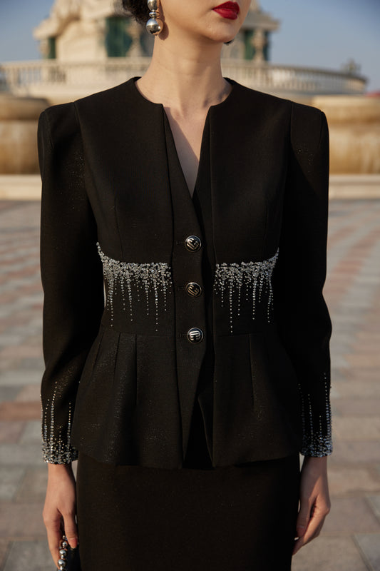 Black Peplum Suit Vintage-Inspired Midi Skirt Set