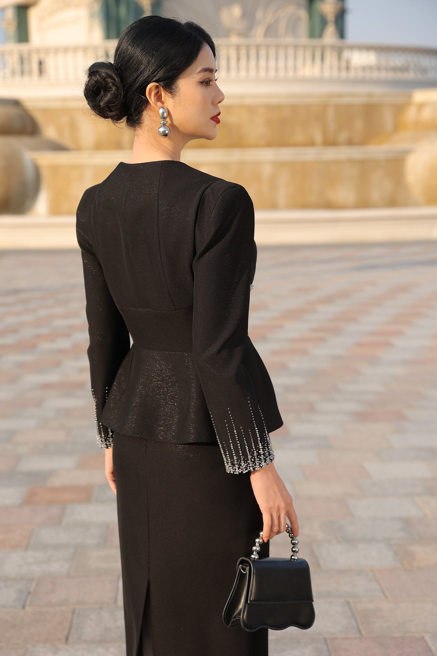 Black Peplum Suit Vintage-Inspired Midi Skirt Set
