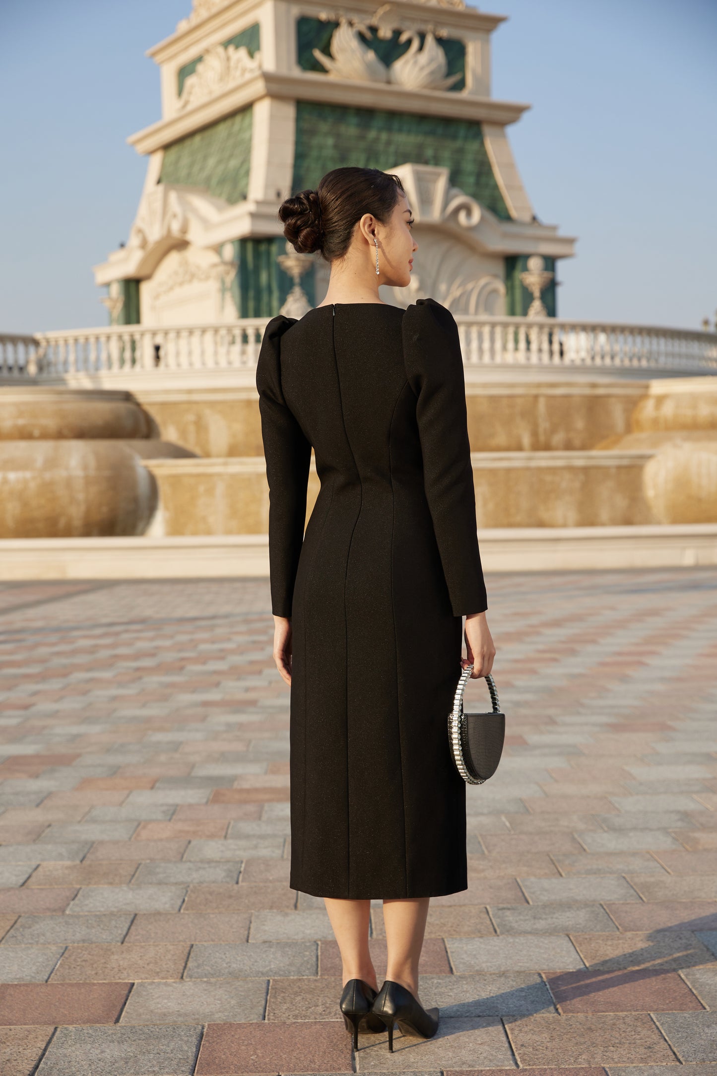 Long Black Double-Breasted Dress with Beaded Collar and Puff Sleeves