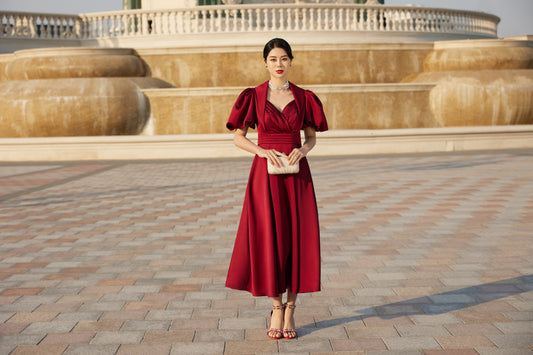 Burgundy A-Line Dress with Puff Sleeves