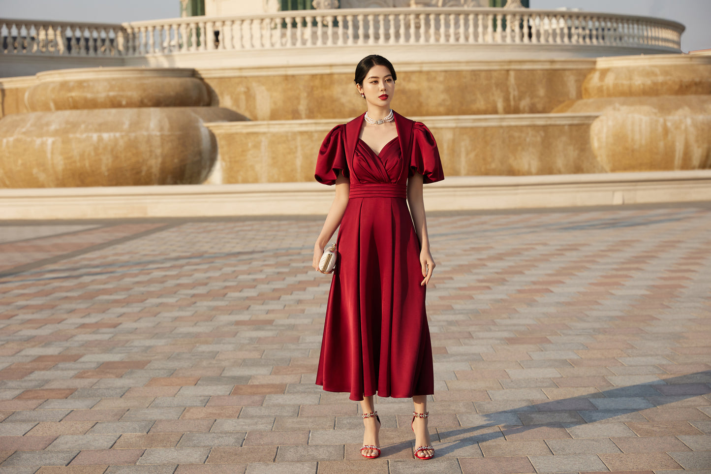 Burgundy A-Line Dress with Puff Sleeves