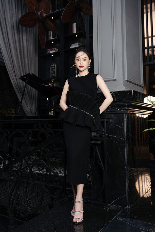 Black Ruffled Midi Dress with Asymmetrical Design