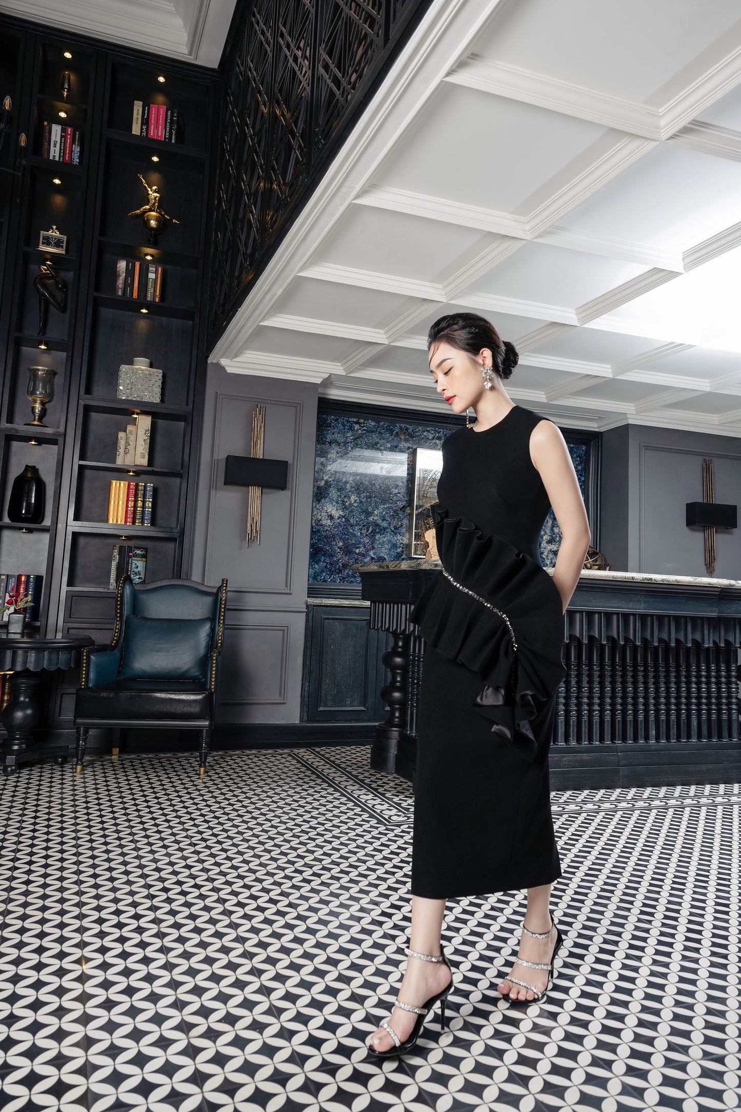 Black Ruffled Midi Dress with Asymmetrical Design
