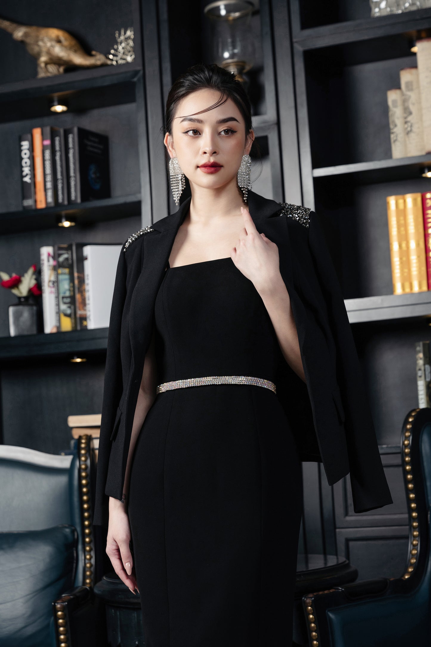 Black Midi Dress with Embellished Blazer