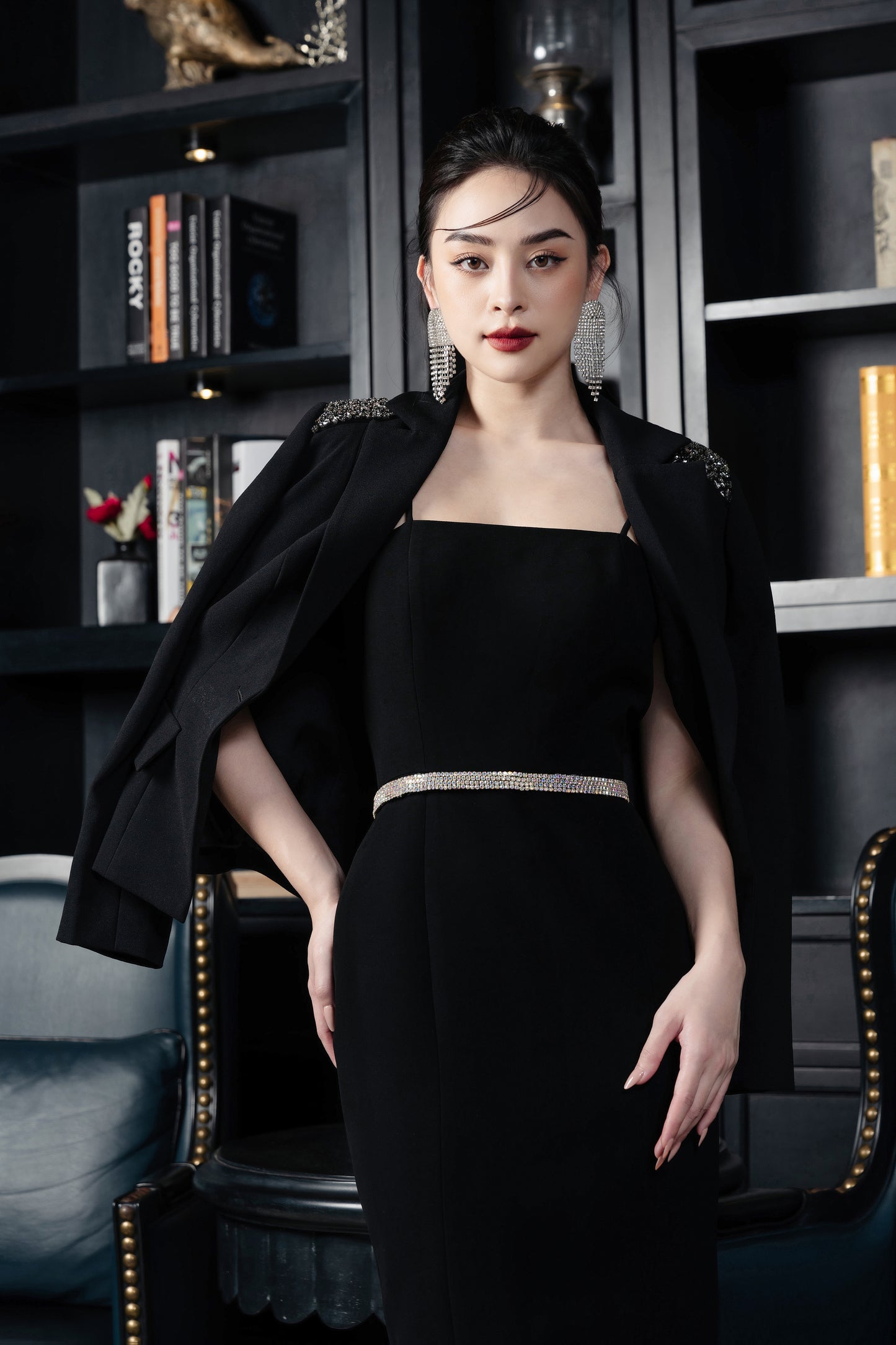 Black Midi Dress with Embellished Blazer