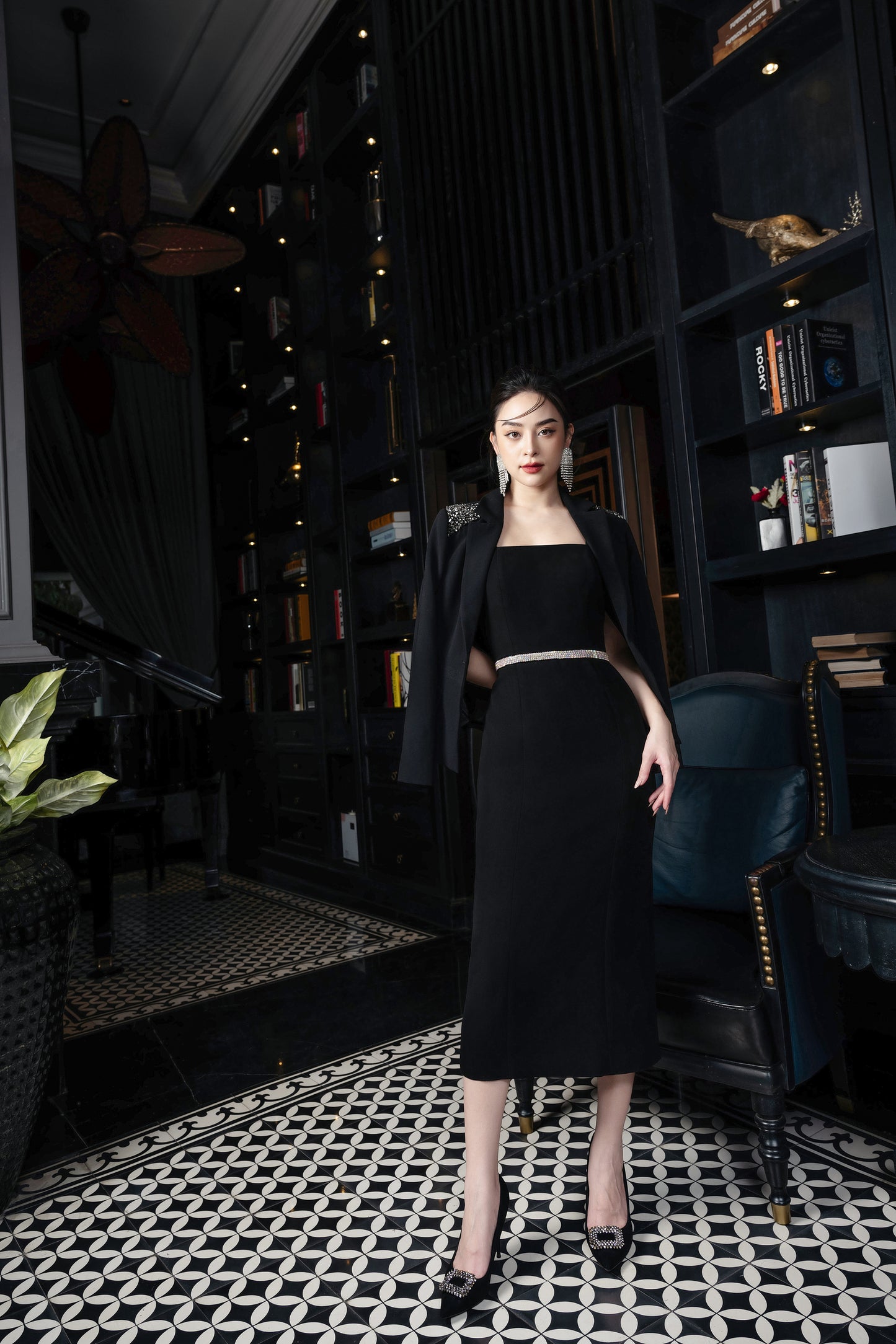 Black Midi Dress with Embellished Blazer