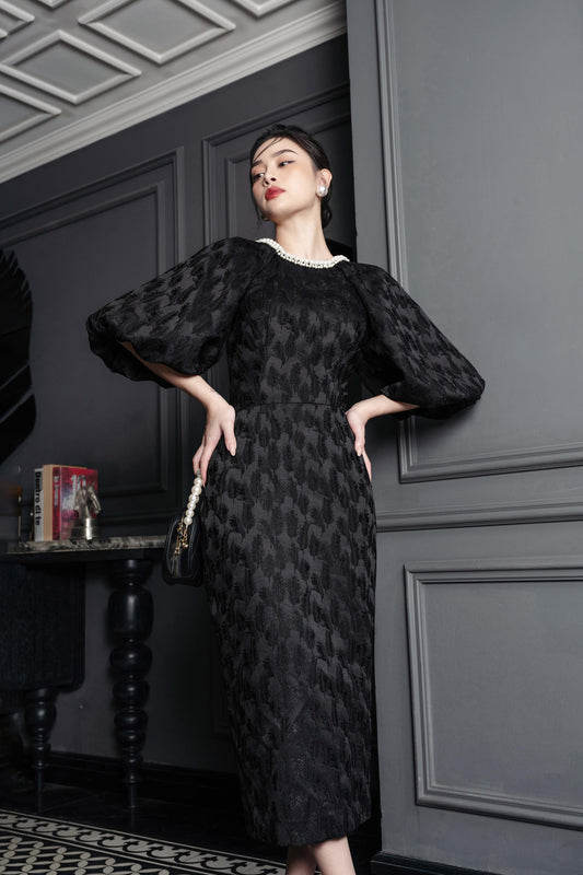 Black Jacquard Midi Dress with Puff Sleeves and Pearl Neckline