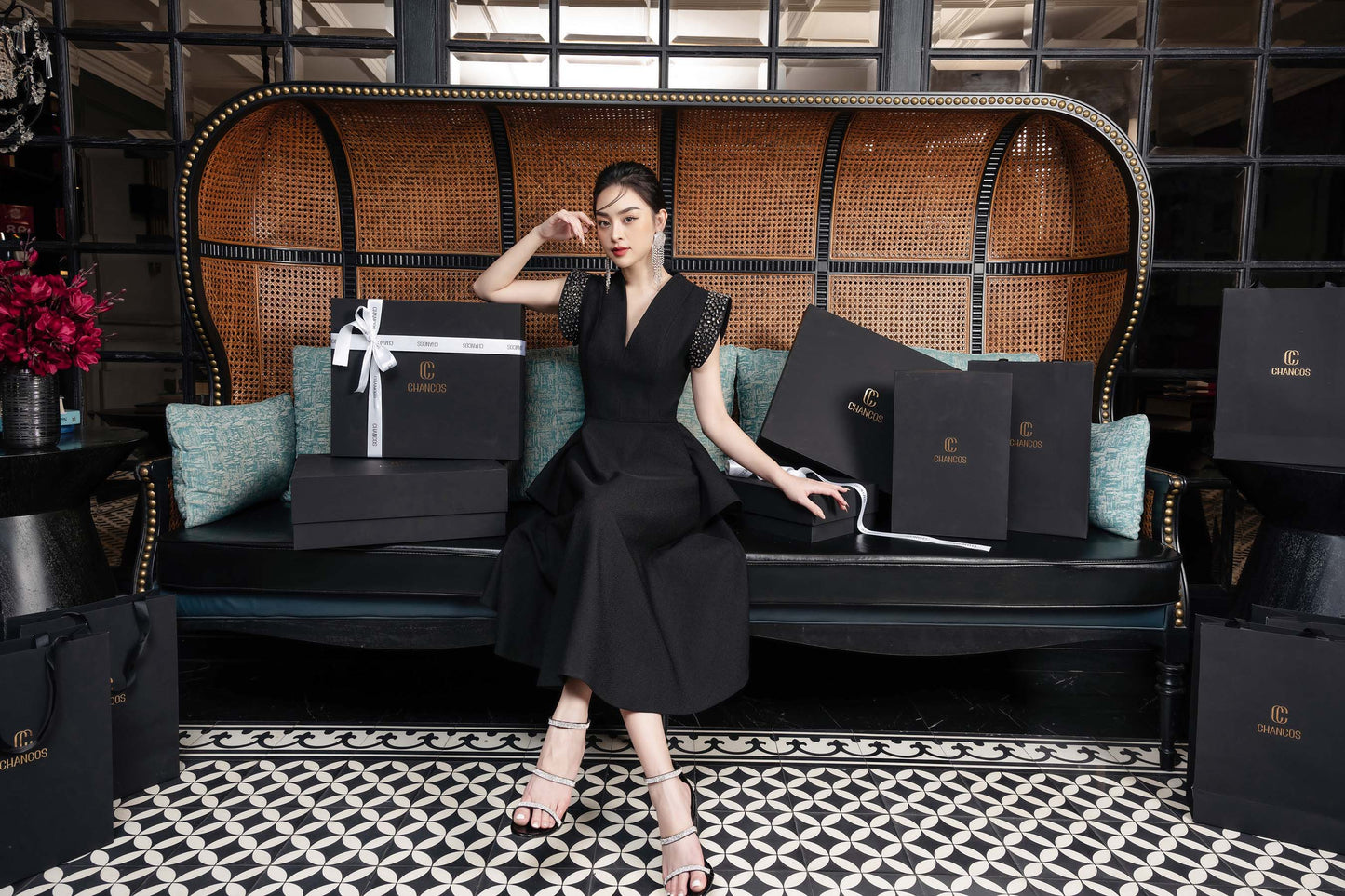 Black A-Line Midi Dress with Embellished Cap Sleeves and V-Neck