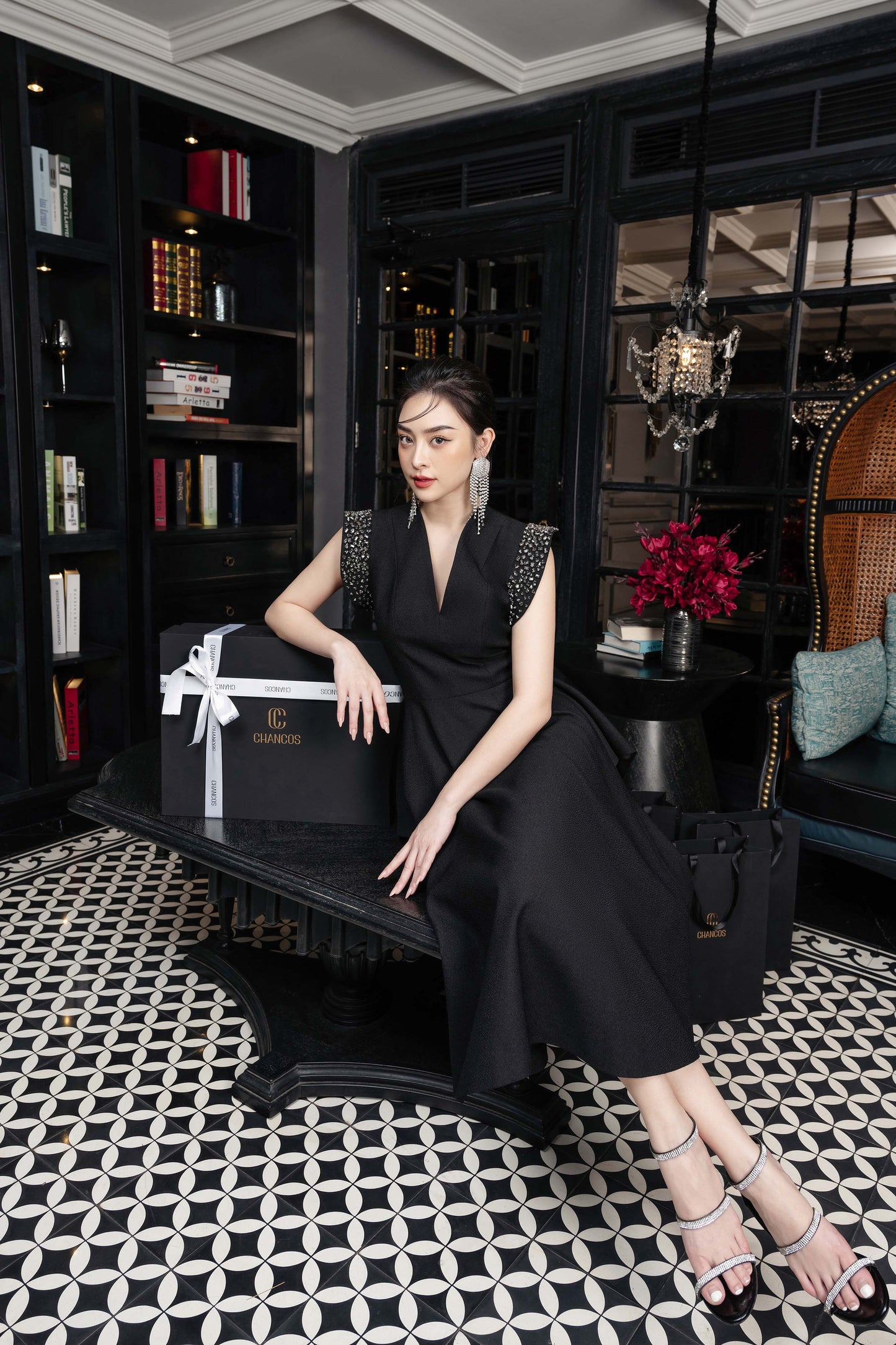 Black A-Line Midi Dress with Embellished Cap Sleeves and V-Neck
