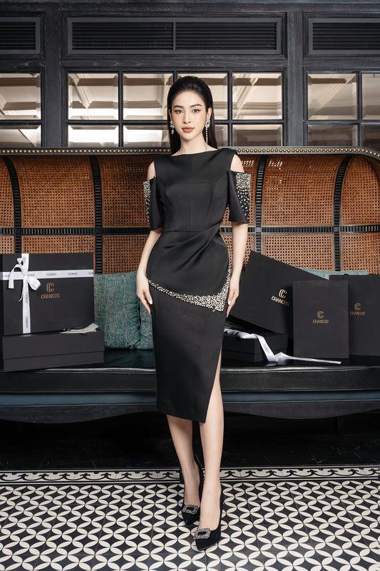 Black Cold-Shoulder Midi Dress with Pearl Embellishments