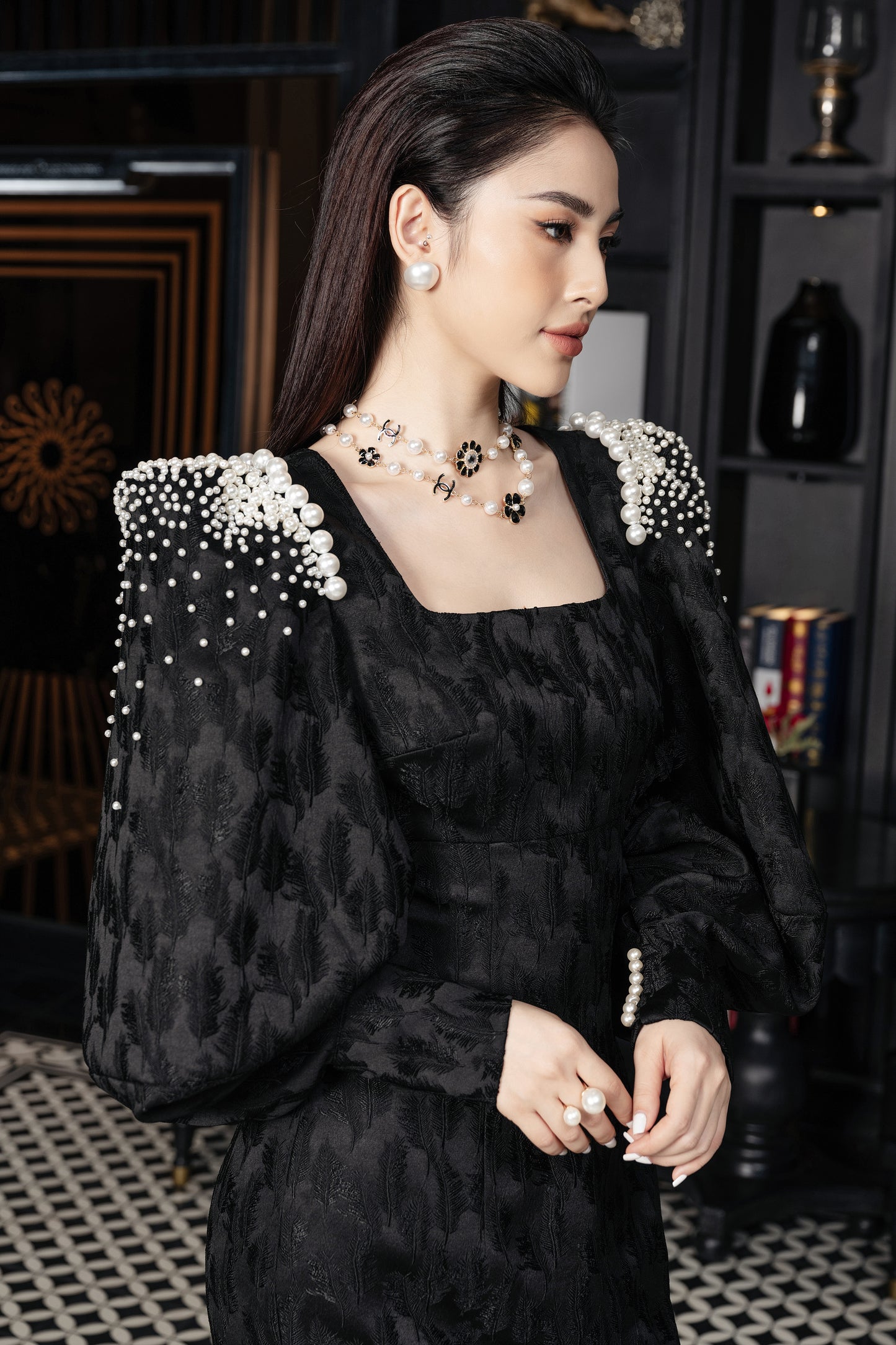 Black Textured Dress with Pearl-Embellished Shoulders
