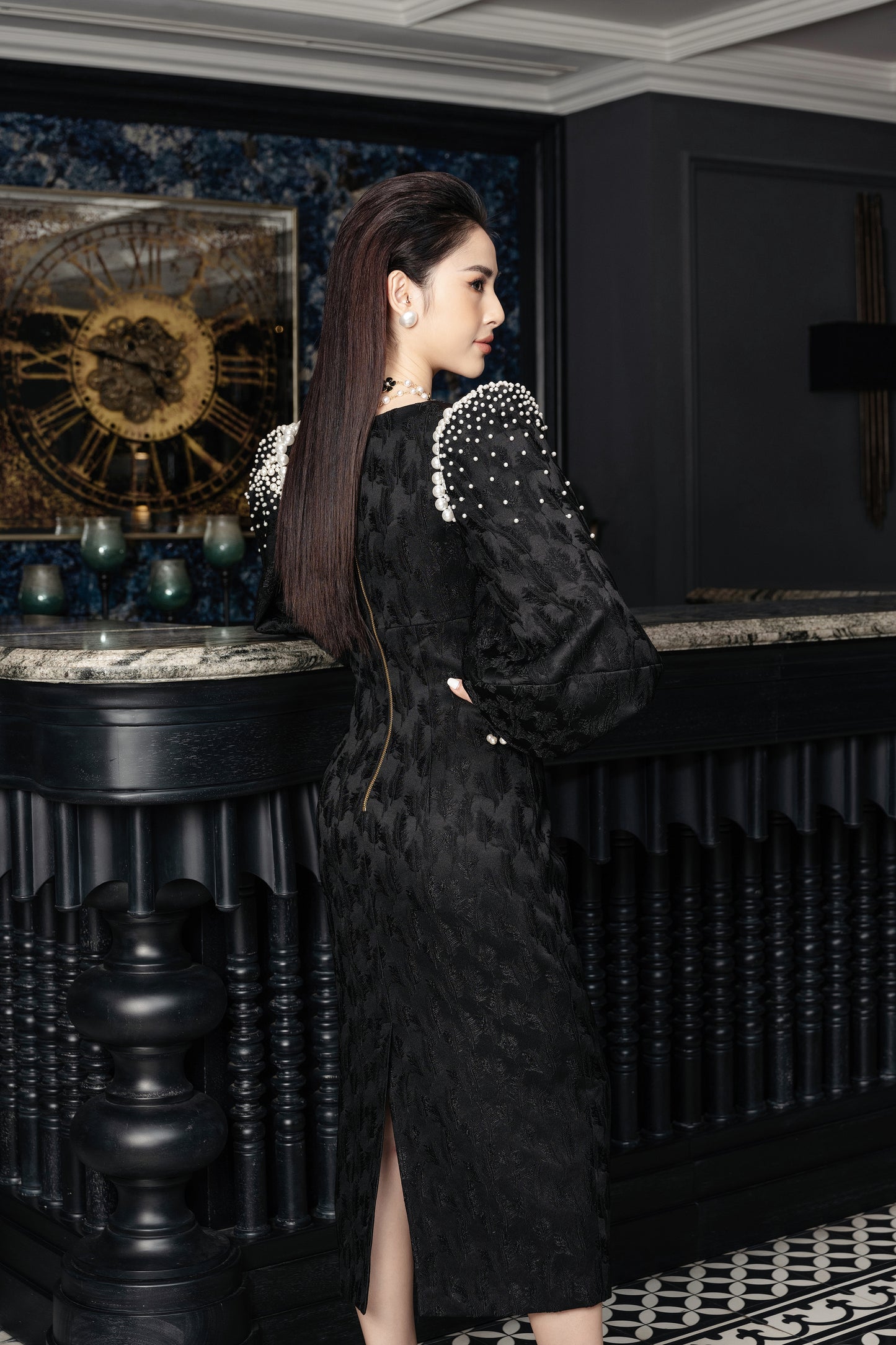 Black Textured Dress with Pearl-Embellished Shoulders