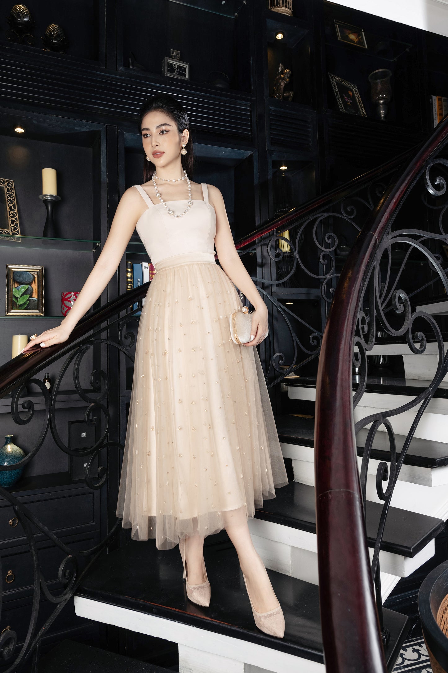 Beige Tulle Midi Dress