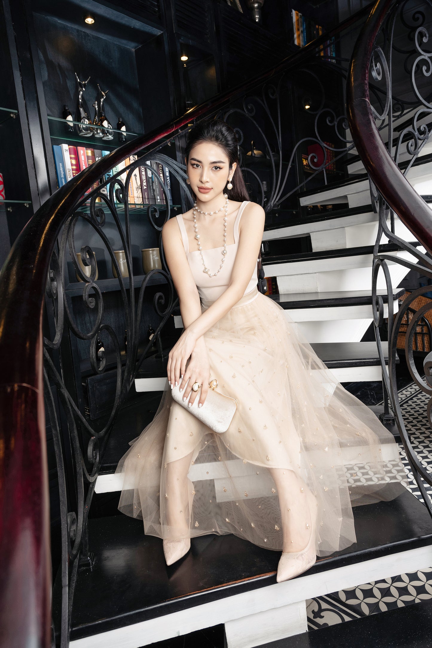 Beige Tulle Midi Dress