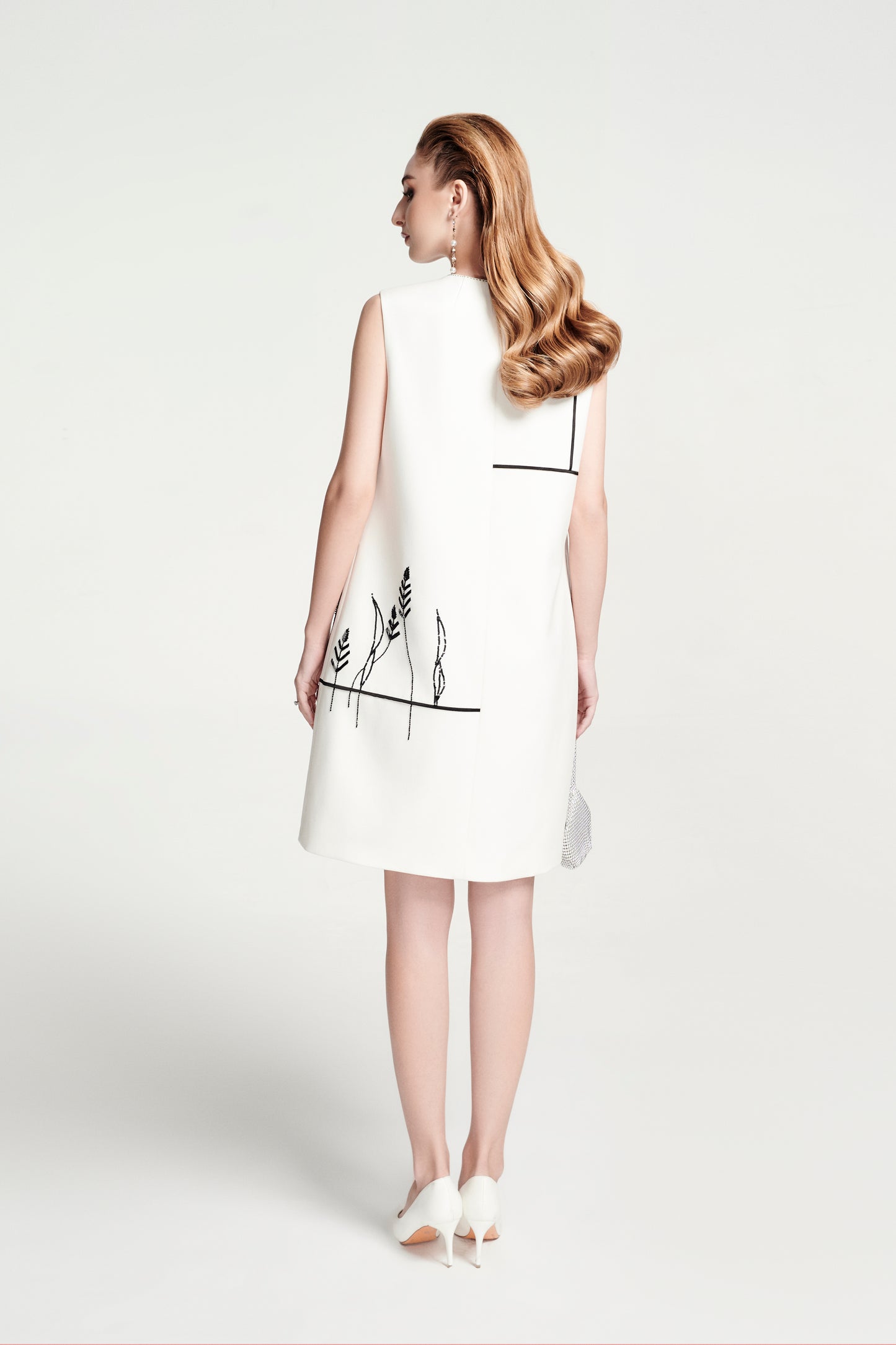 White Sleeveless Shift Dress with Black Botanical Embroidery