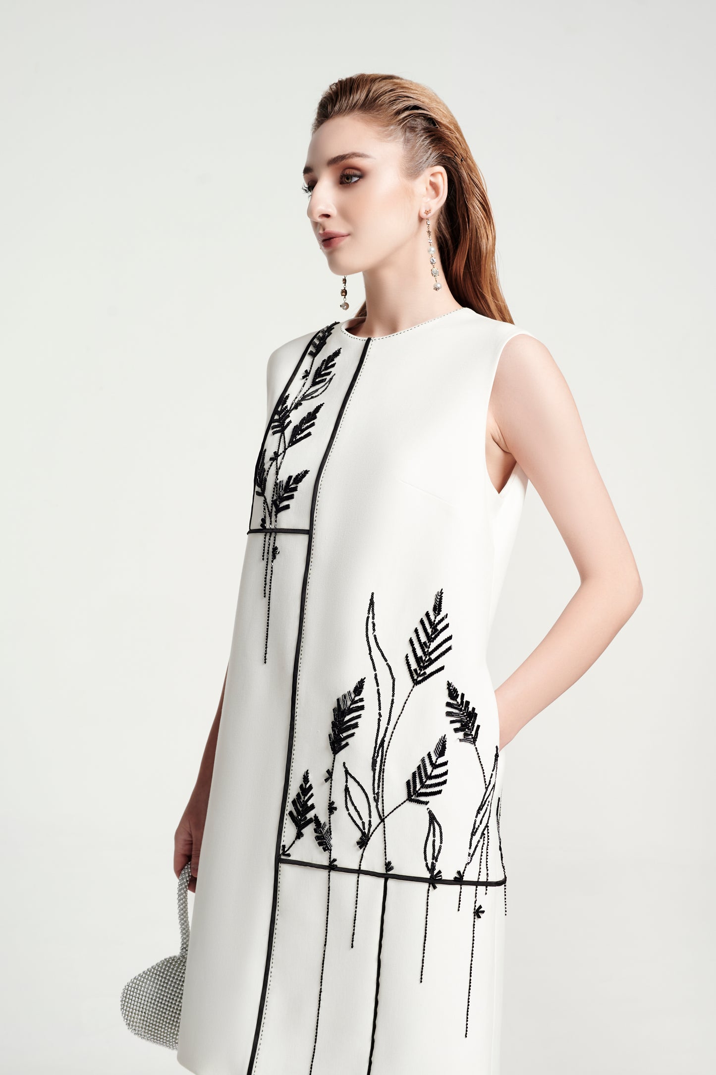 White Sleeveless Shift Dress with Black Botanical Embroidery
