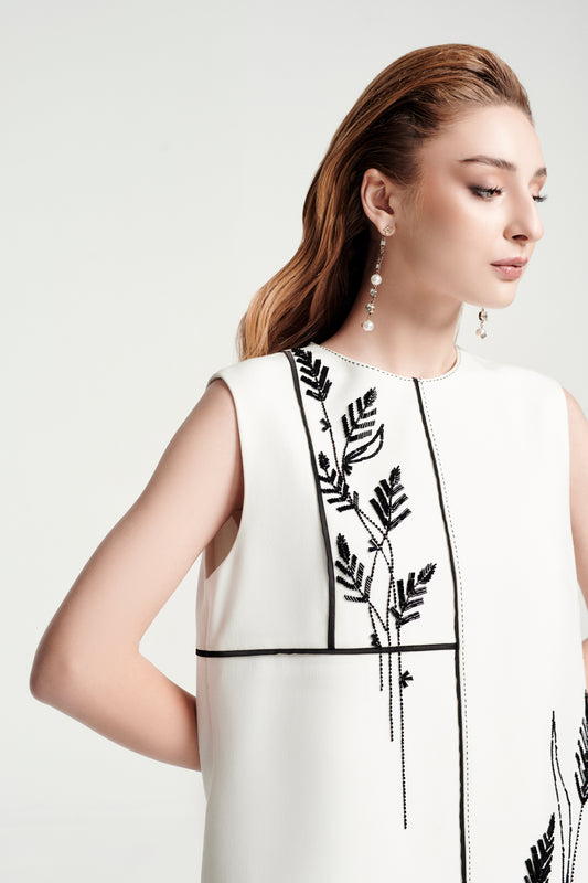 White Sleeveless Shift Dress with Black Botanical Embroidery