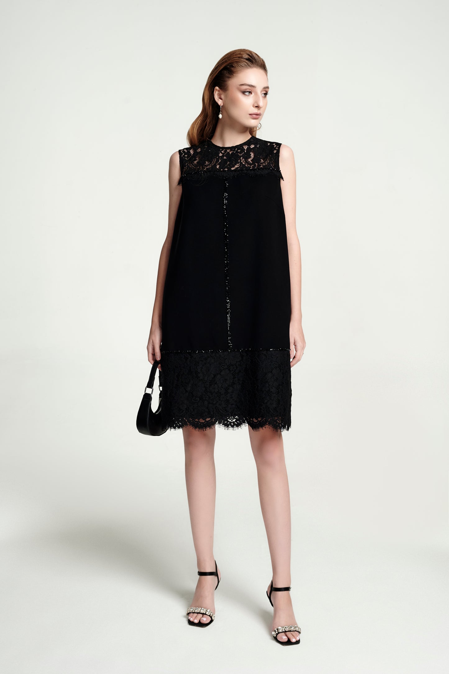 Black Lace Sleeveless A-Line Dress with Scalloped Hem