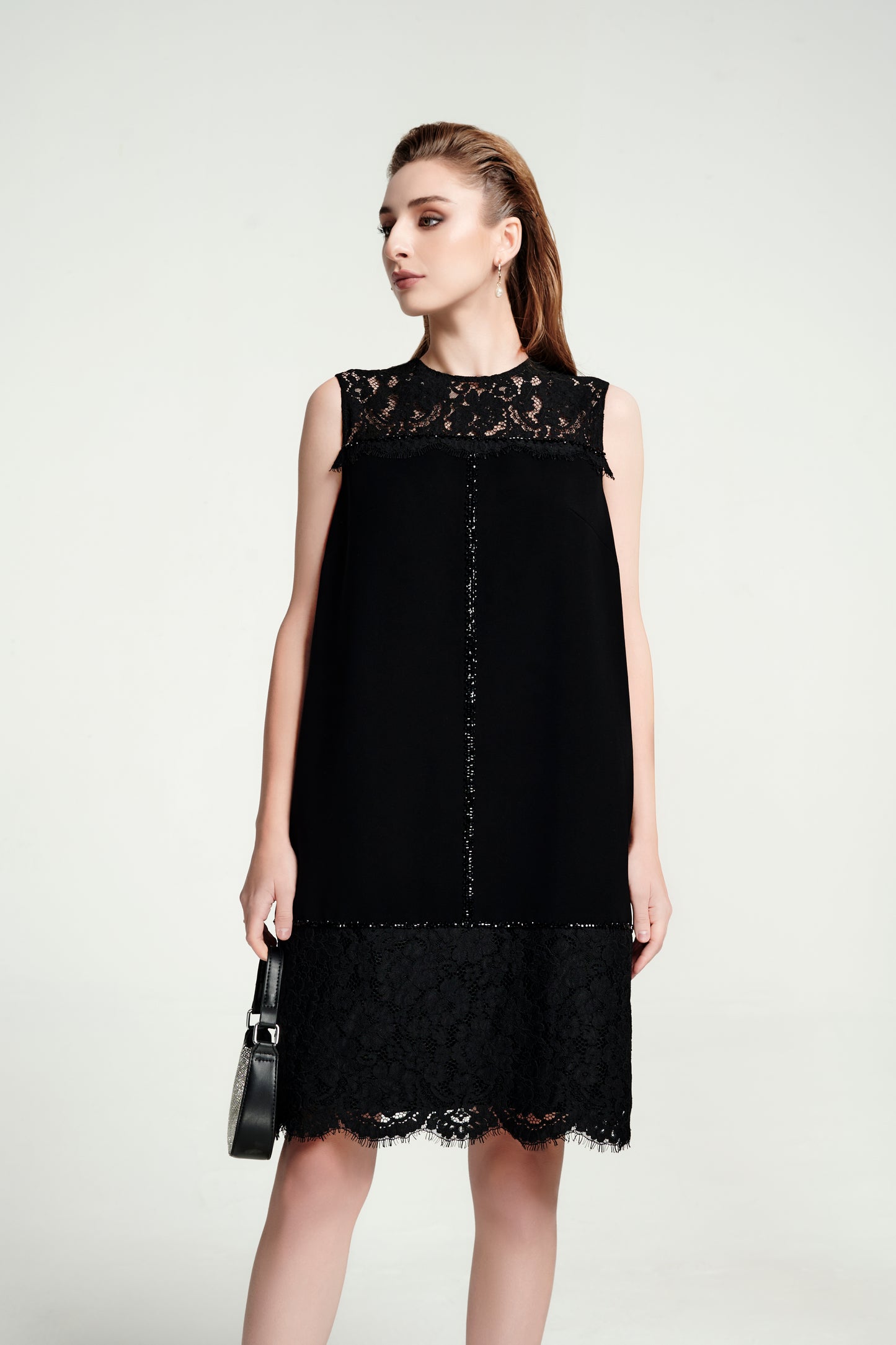 Black Lace Sleeveless A-Line Dress with Scalloped Hem