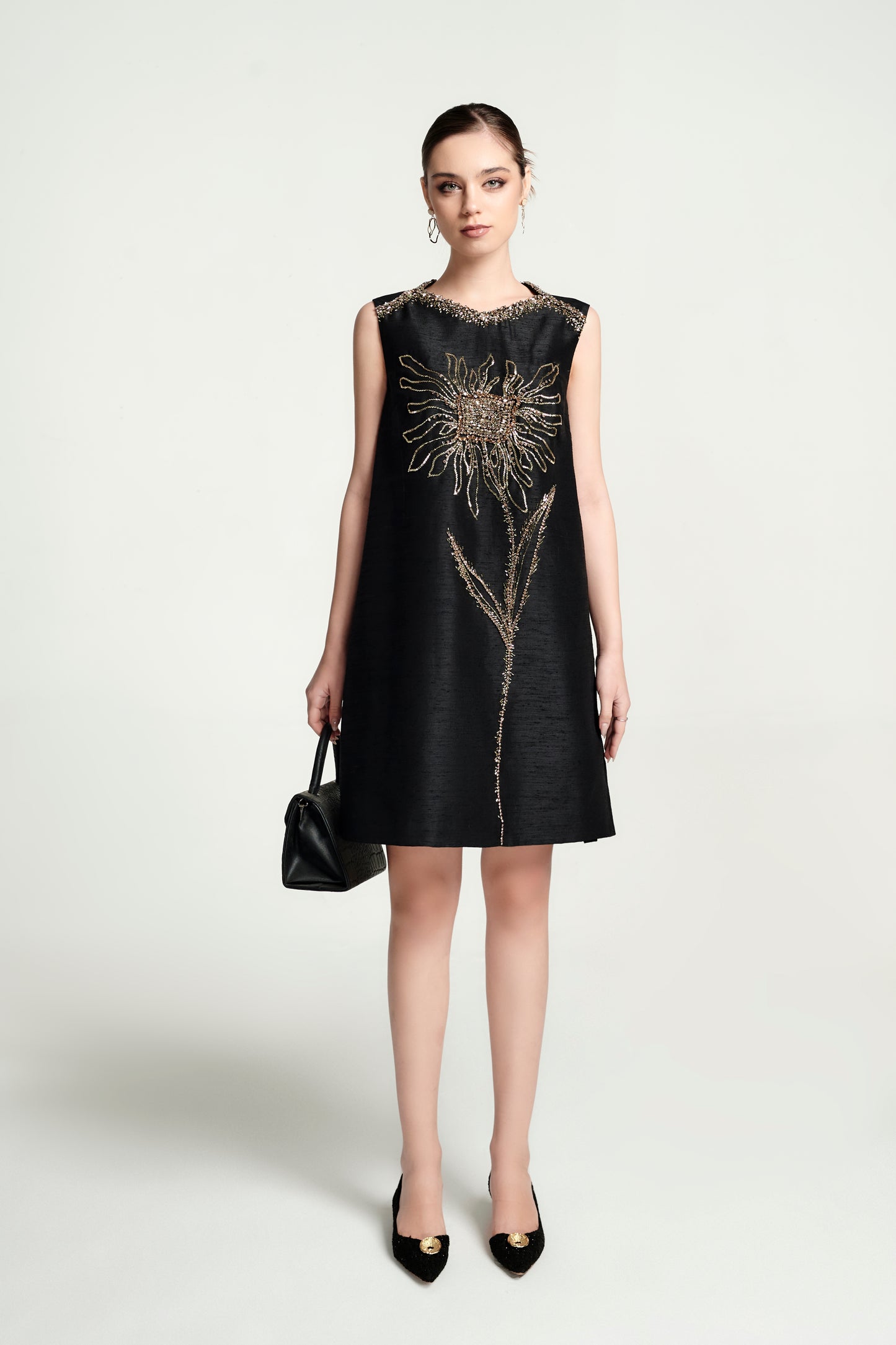 Black Sleeveless Shift Dress with Beaded Floral Embellishment