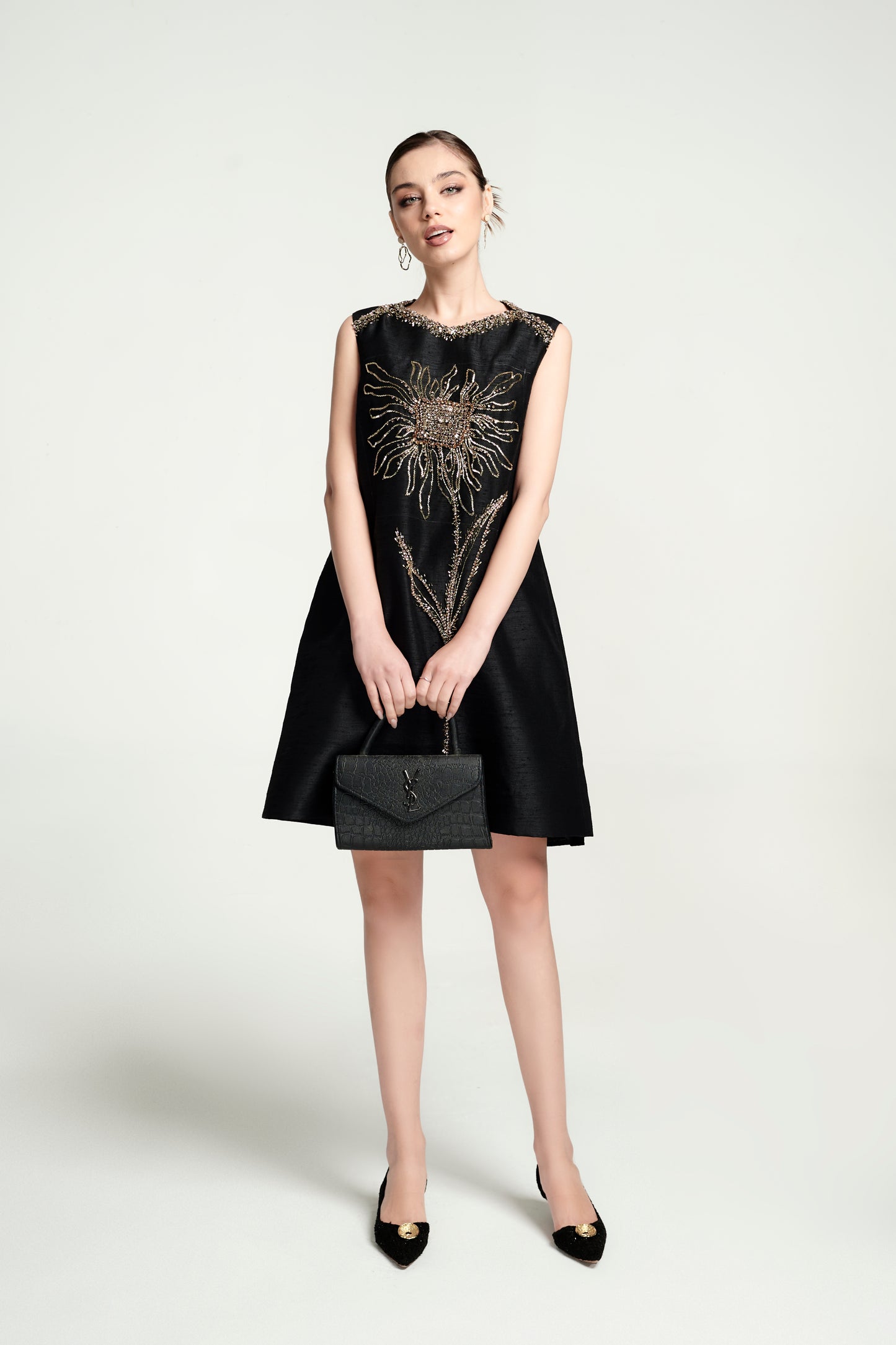 Black Sleeveless Shift Dress with Beaded Floral Embellishment