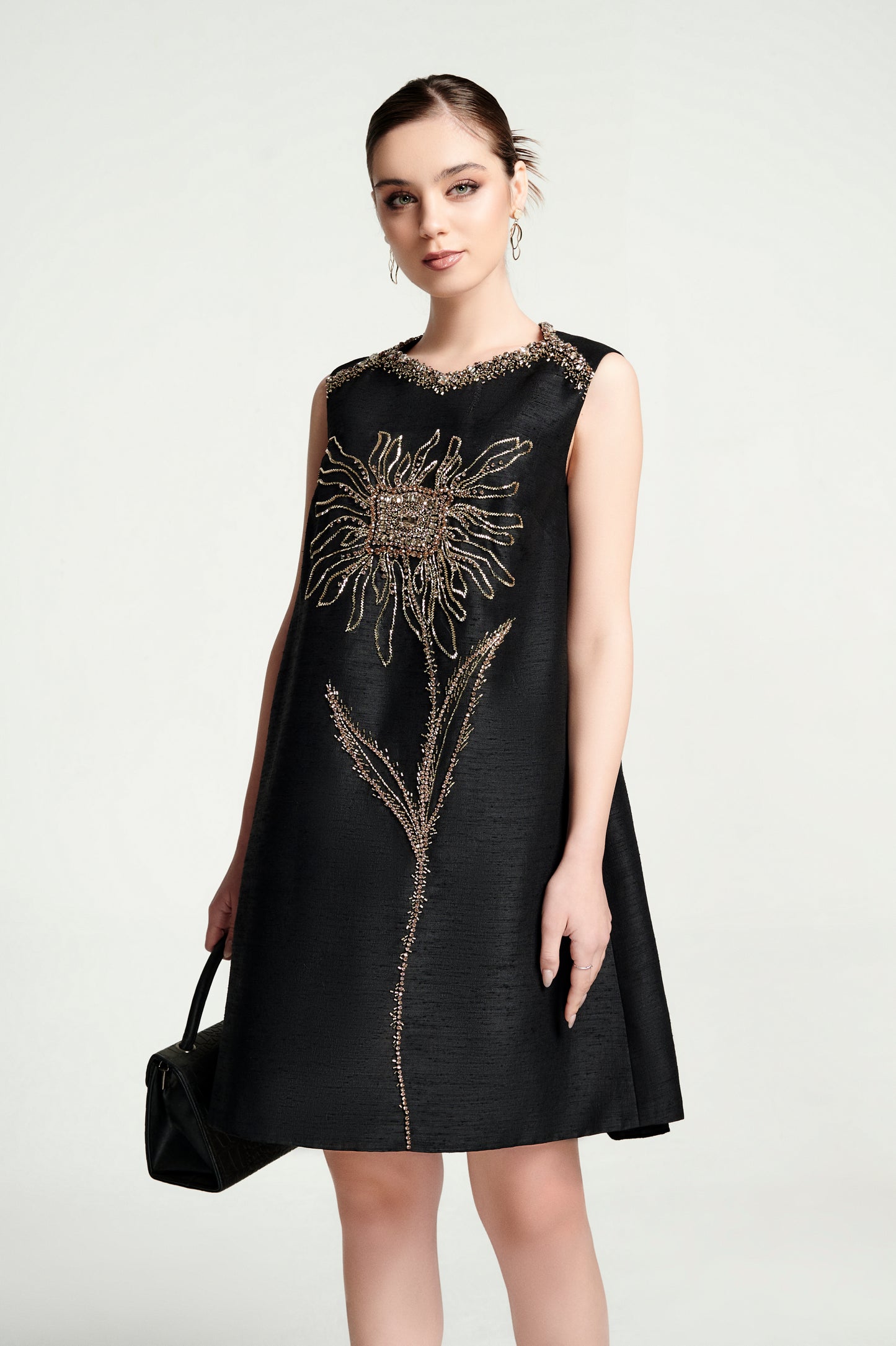 Black Sleeveless Shift Dress with Beaded Floral Embellishment
