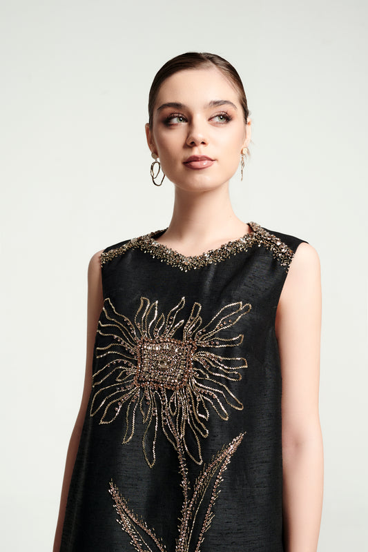 Black Sleeveless Shift Dress with Beaded Floral Embellishment
