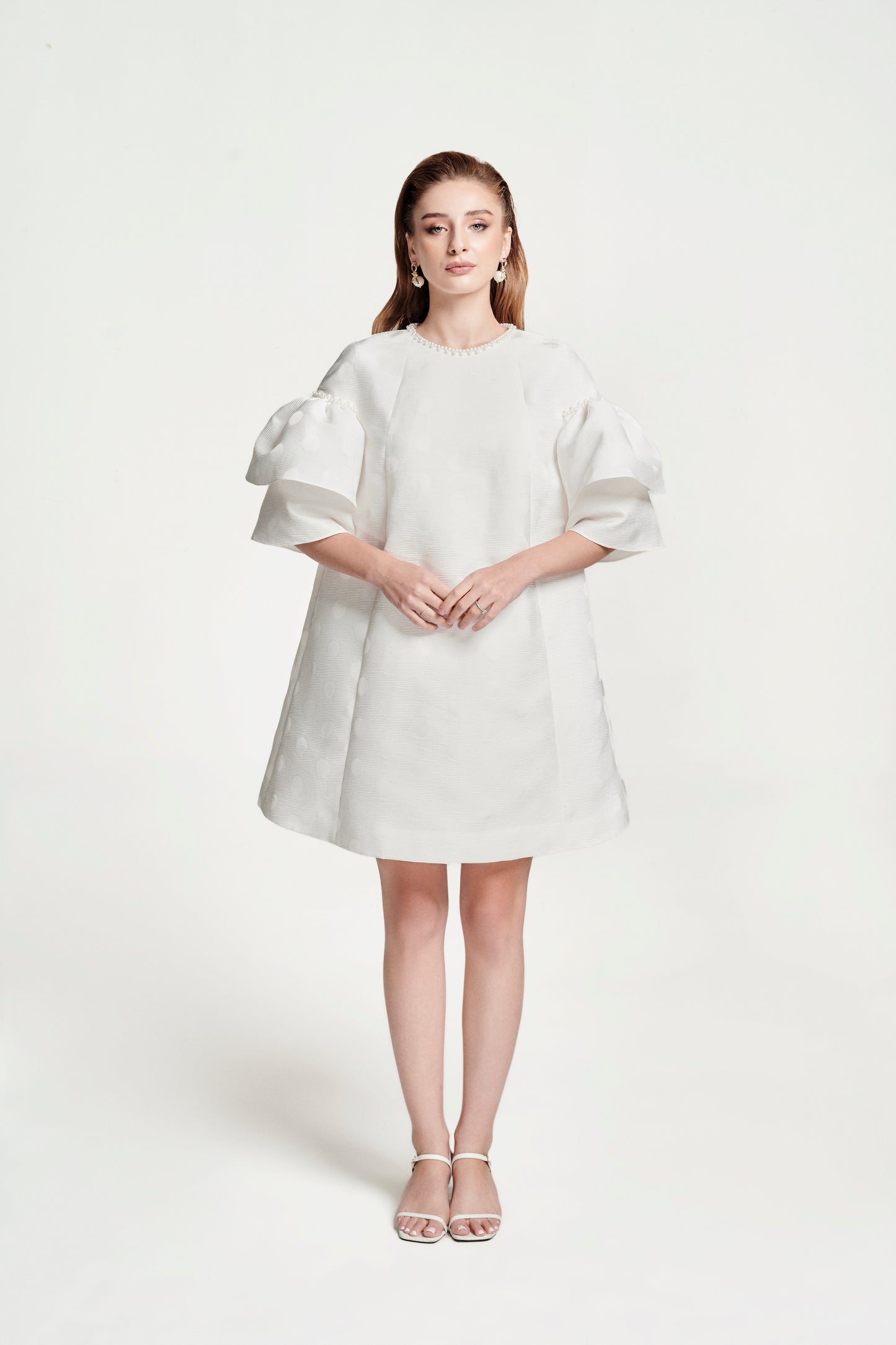 White A-Line Mini Dress with Layered Puff Sleeves and Textured Polka Dots