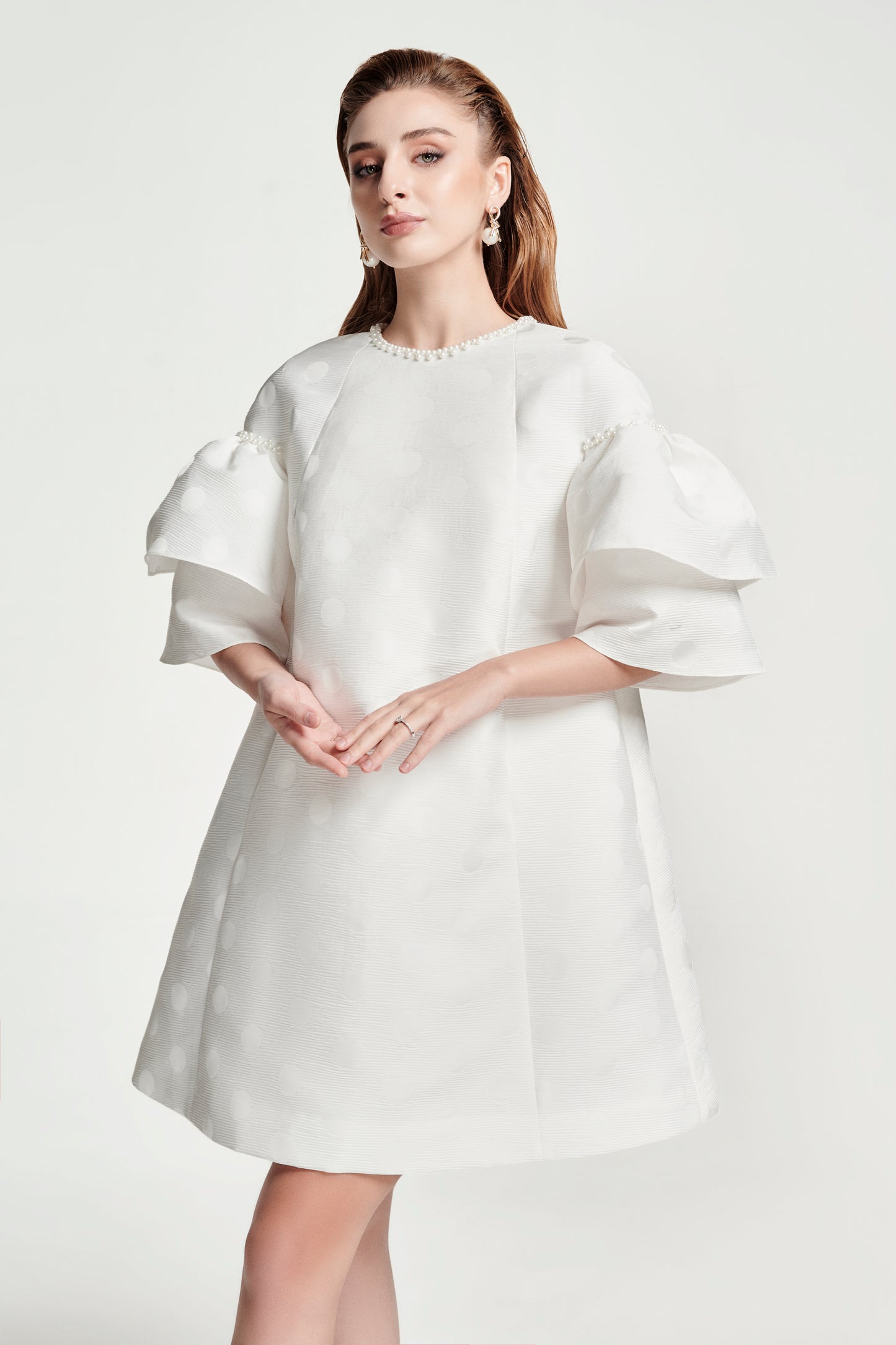 White A-Line Mini Dress with Layered Puff Sleeves and Textured Polka Dots