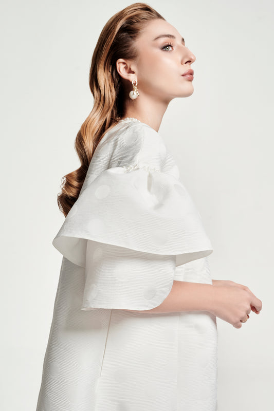 White A-Line Mini Dress with Layered Puff Sleeves and Textured Polka Dots