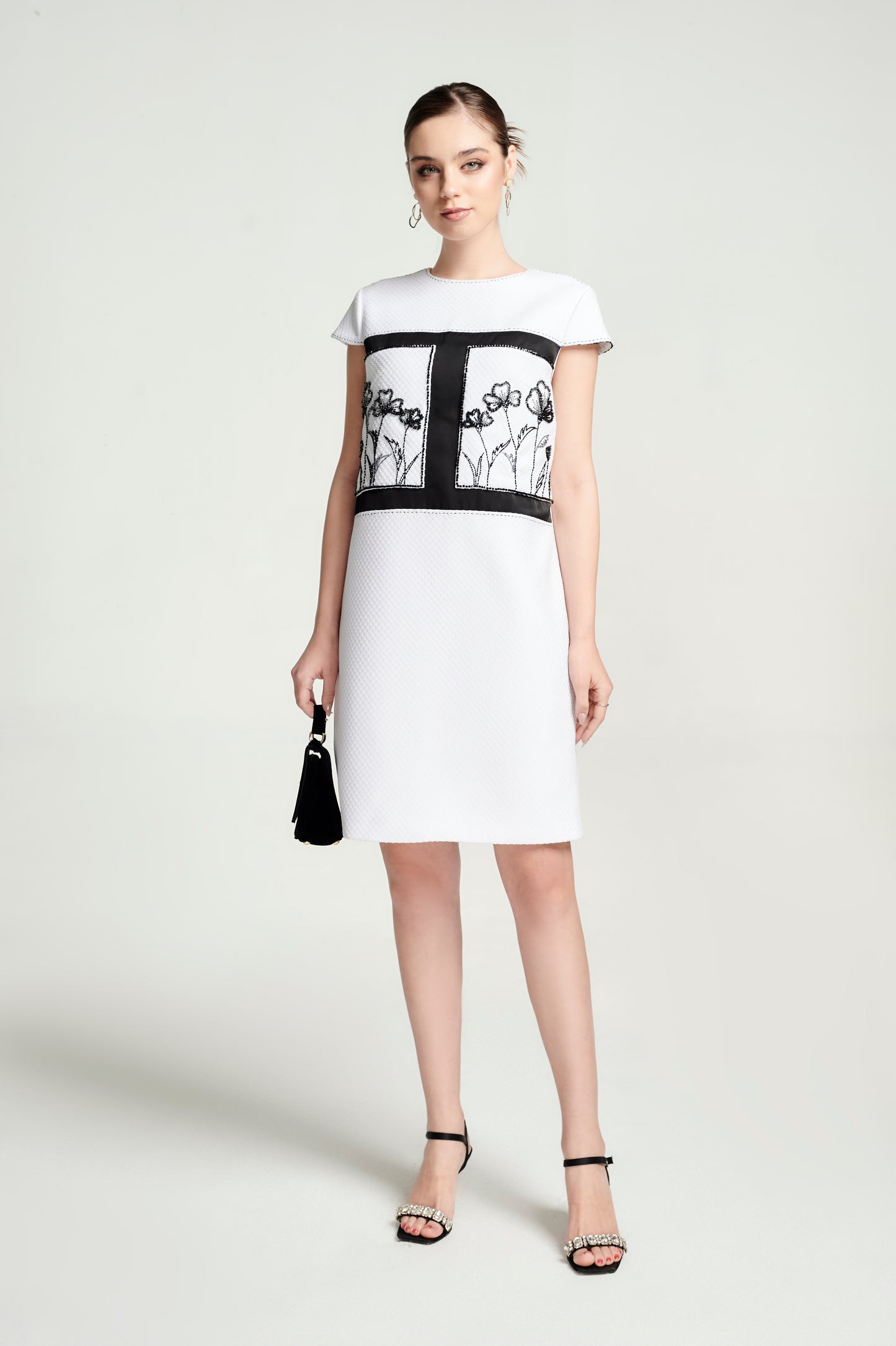 White Cap Sleeve Shift Dress with Floral Embroidery and Black Panel Detailing