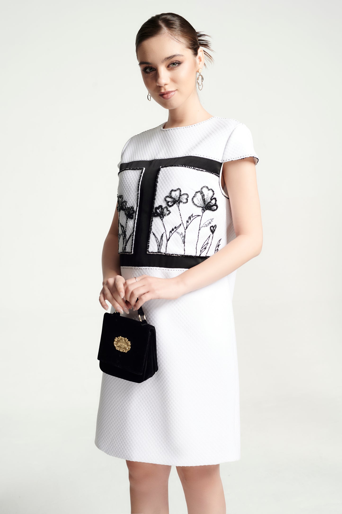 White Cap Sleeve Shift Dress with Floral Embroidery and Black Panel Detailing