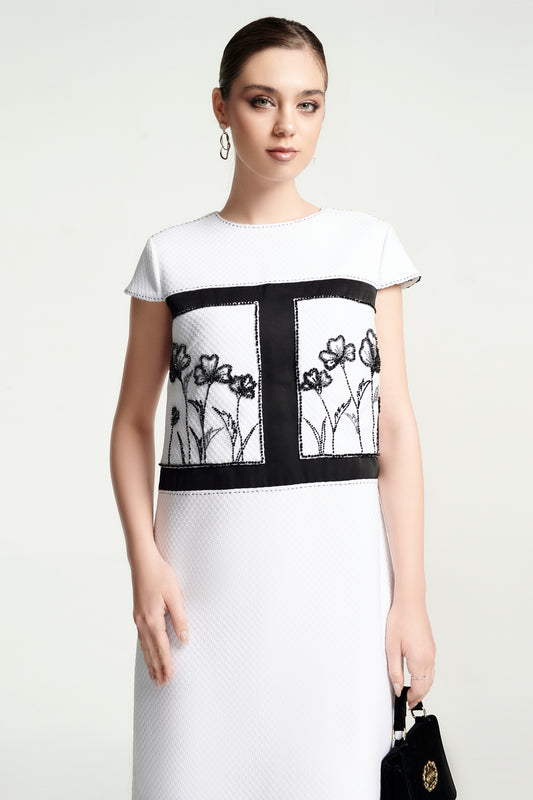White Cap Sleeve Shift Dress with Floral Embroidery and Black Panel Detailing