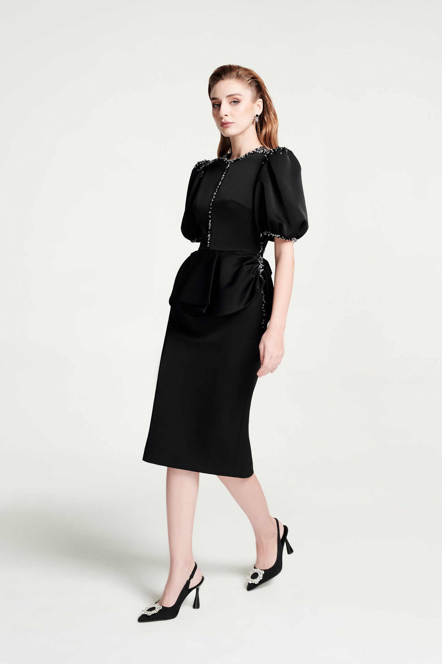 Black Peplum Pencil Dress with Puff Sleeves and Beaded Trim