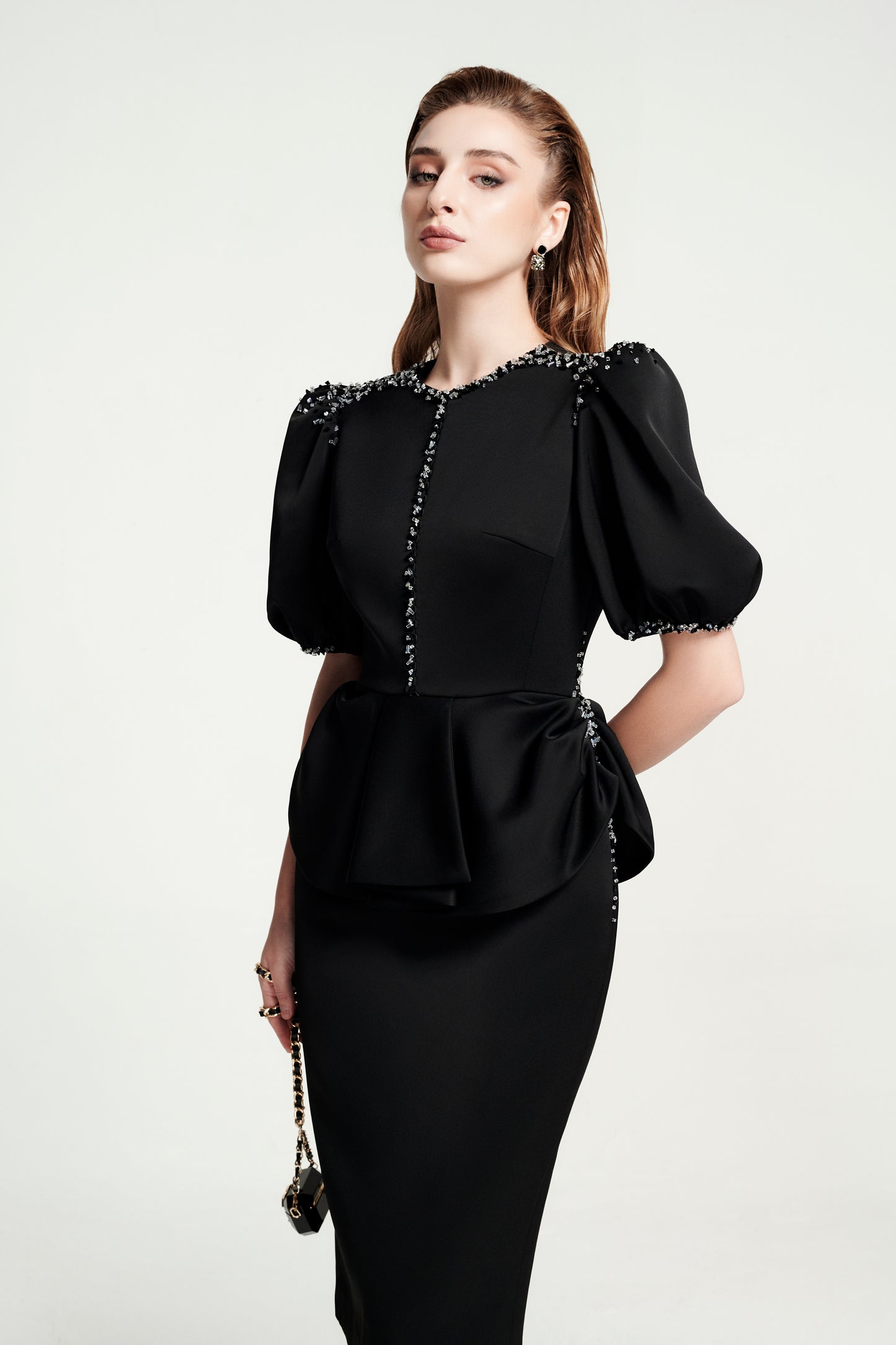Black Peplum Pencil Dress with Puff Sleeves and Beaded Trim