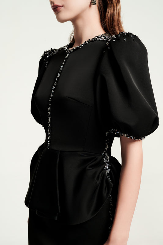 Black Peplum Pencil Dress with Puff Sleeves and Beaded Trim