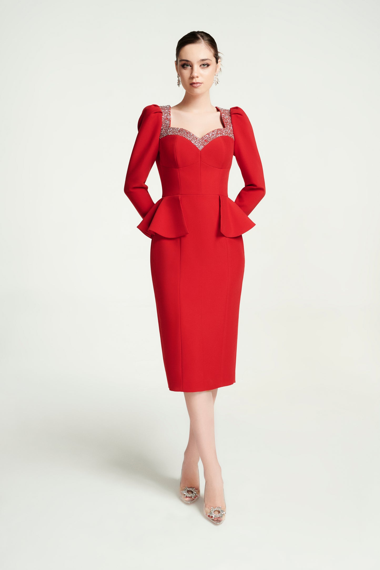 Red Peplum Midi Dress with Rhinestone Detailing