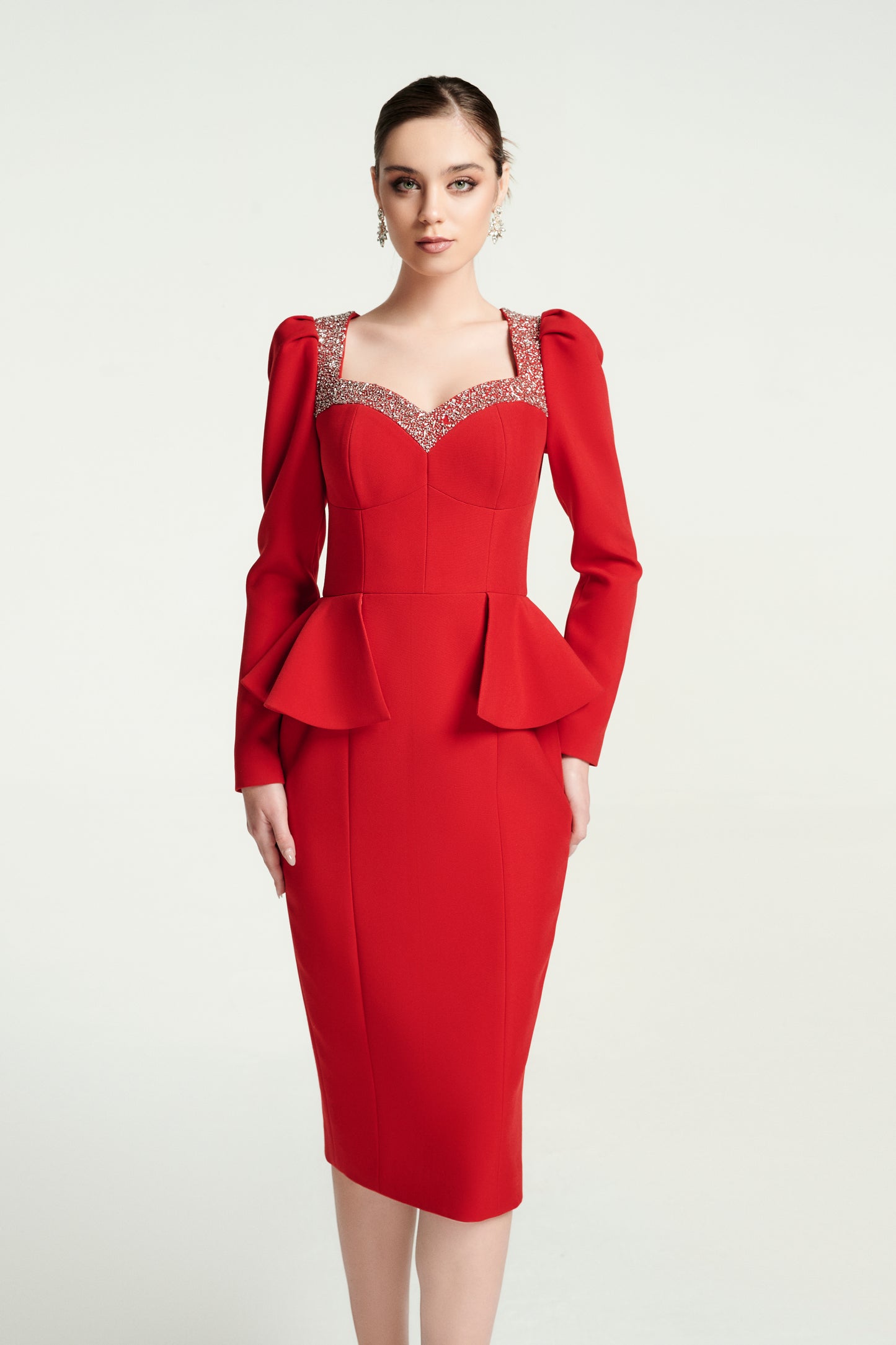 Red Peplum Midi Dress with Rhinestone Detailing