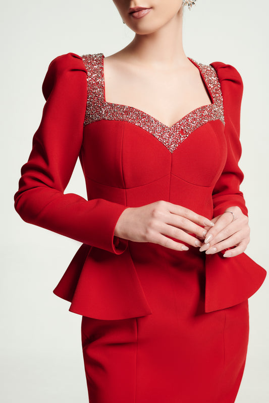 Red Peplum Midi Dress with Rhinestone Detailing