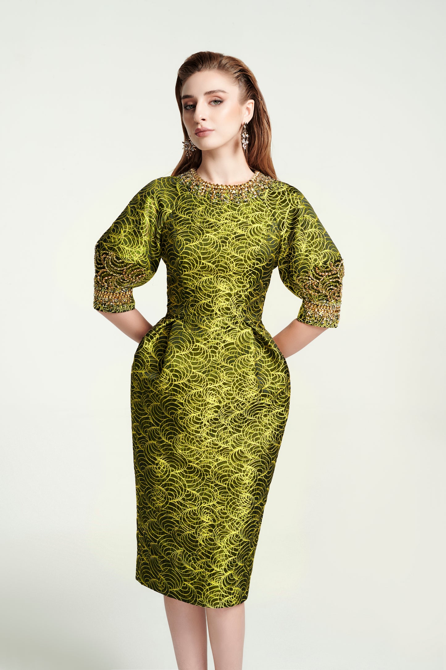 Gold Brocade Cocktail Dress with Embellished Sleeves and Collar