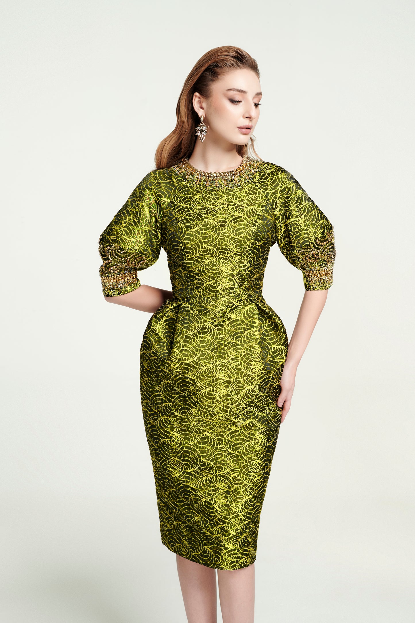 Gold Brocade Cocktail Dress with Embellished Sleeves and Collar