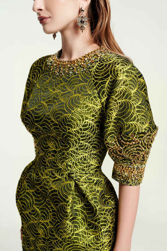 Gold Brocade Cocktail Dress with Embellished Sleeves and Collar
