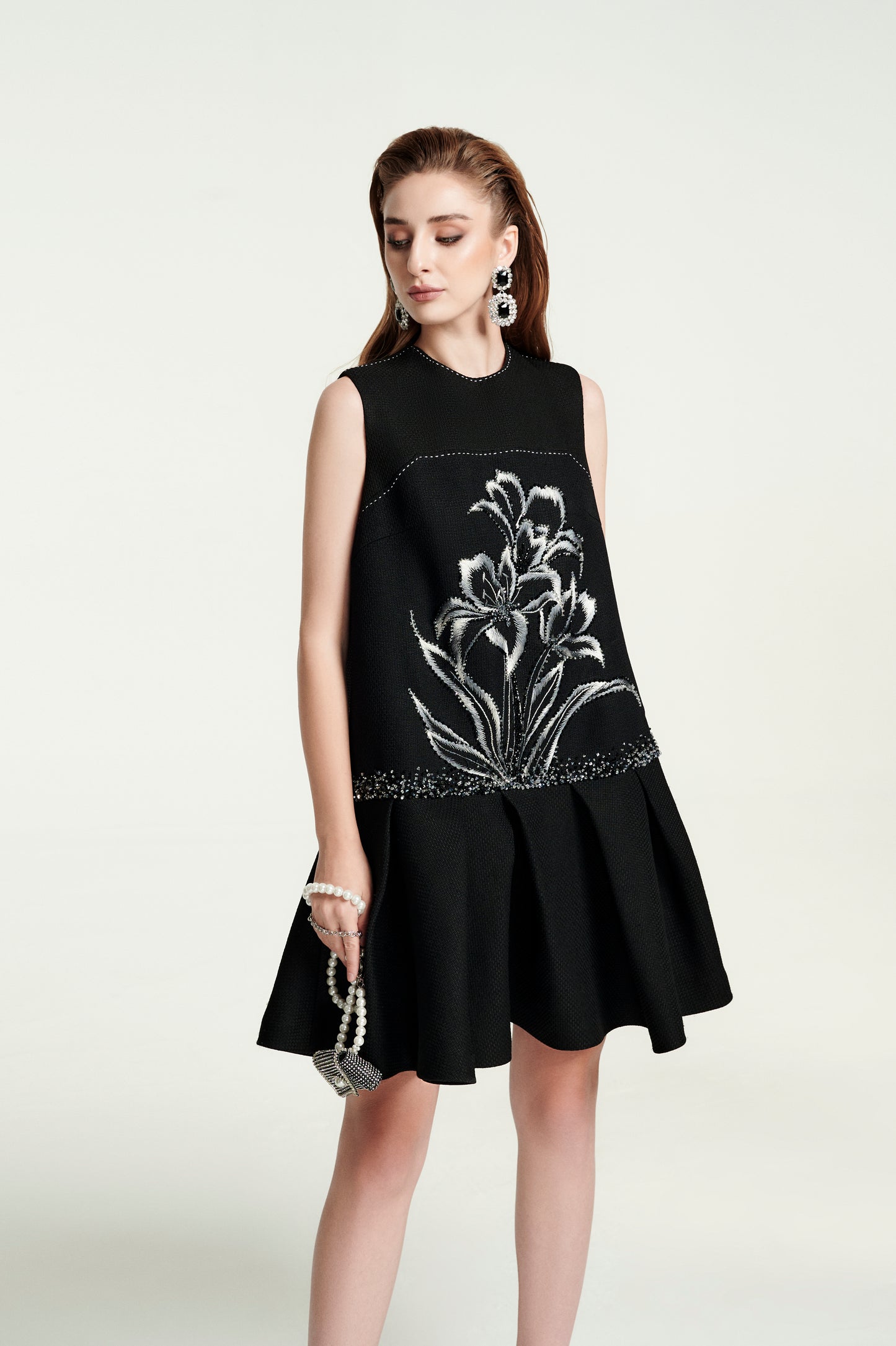 Black Floral Embroidered Sleeveless A-Line Dress