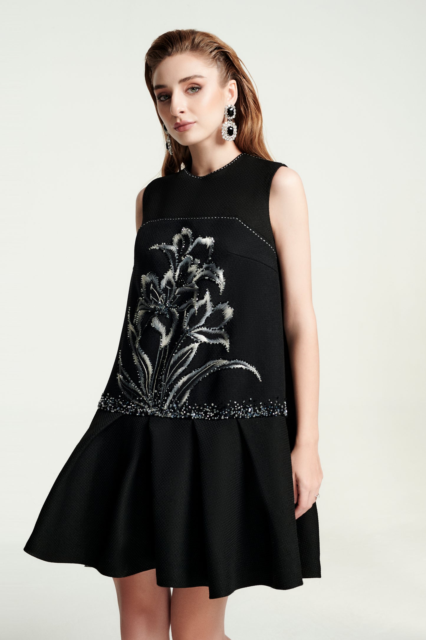 Black Floral Embroidered Sleeveless A-Line Dress